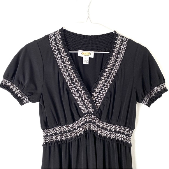 Talbots Black V-Neck White Embroidered Short Sleeve Midi Dress - Picture 2 of 8